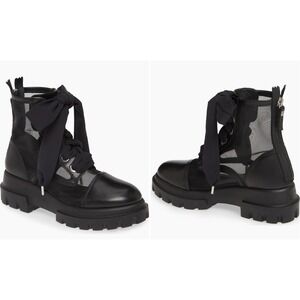 AGL N756519 Black Leather Mesh Boots Lug Sole Lace Italy 35.5 Grunge Goth